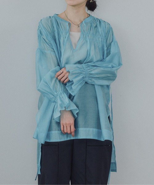 MARELLA コットンシルク長袖 ブラウス 総柄 ブルー Pqran（クラン） ブラウス シャツ コットンシルクブラウス レディース