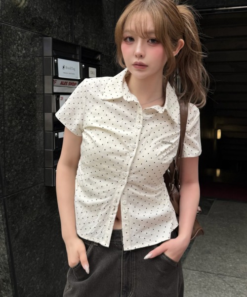 ブラウス シャツ 「7色展開  ラインストーン / ドット/ ストライプ / チェック」胸刺繍コンパクト半袖シャツ レディースの画像