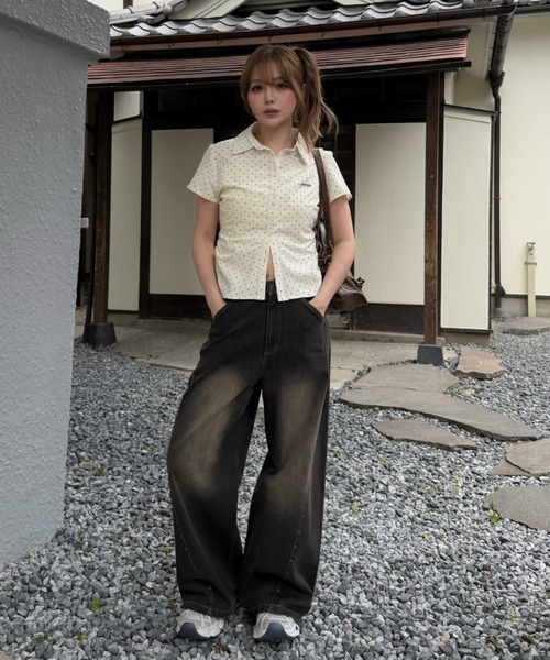 ブラウス シャツ 「7色展開  ラインストーン / ドット/ ストライプ / チェック」胸刺繍コンパクト半袖シャツ レディースの画像