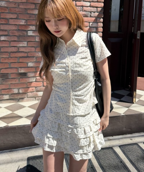 ブラウス シャツ 「7色展開  ラインストーン / ドット/ ストライプ / チェック」胸刺繍コンパクト半袖シャツ レディースの画像