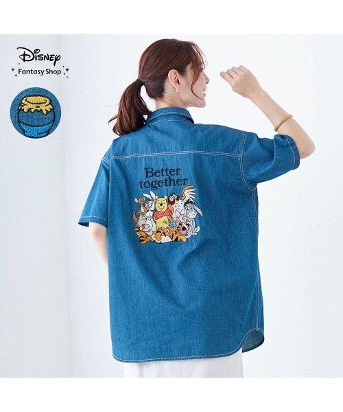 WONDER WORLD デニムブラウス クマ刺繍 Disney（ディズニー） ブラウス シャツ 半袖 ユニセックス刺しゅう