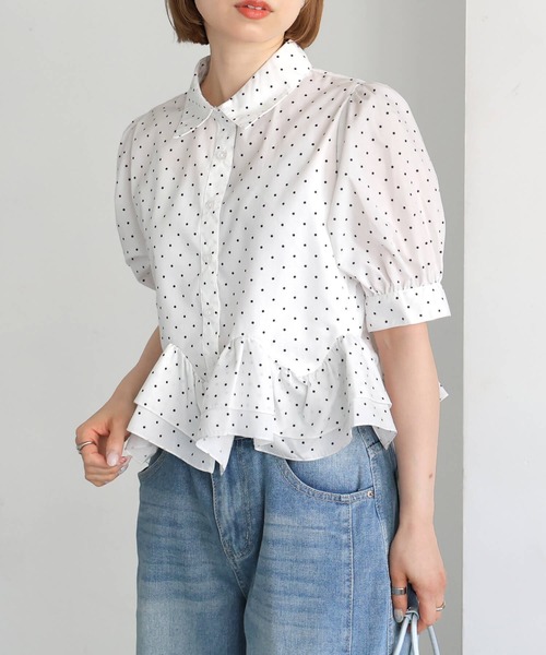 デニムフリル半袖シャツ完売品 WEB限定】〈手洗い可能〉ライト オンス 
