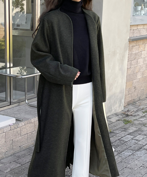 ノーカラーコート コート 袖ファスナーノーカラーロングコート