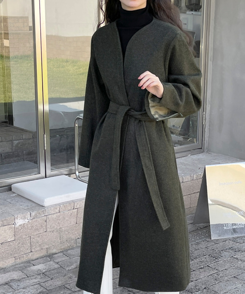 ノーカラーコート コート 袖ファスナーノーカラーロングコート