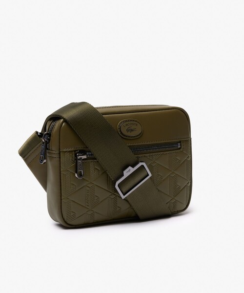 【定価24200円】LACOSTE レザーモノグラムリポーターバッグ 型押し 黒 モノグラム レザーモノグラムリポーターバッグ（LACOSTE