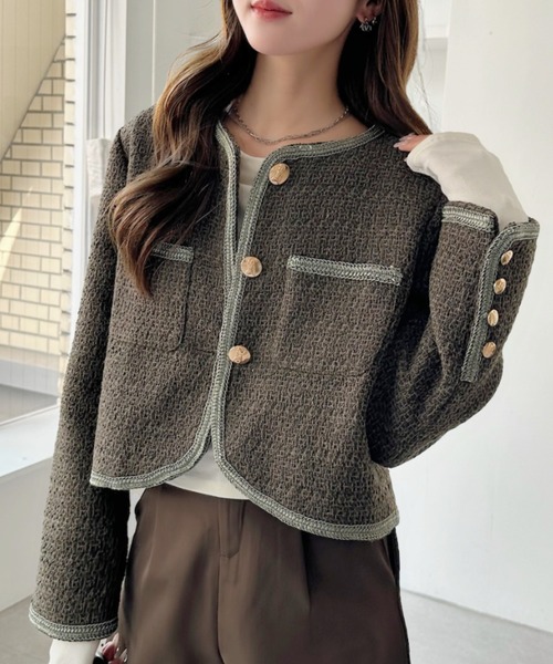 美品♡ダイアグラム グレースコンチネンタル ツイード ニットジャケット 金ボタン Ada. ジャケット ノーカラージャケット パイピング ツイード ライク 金