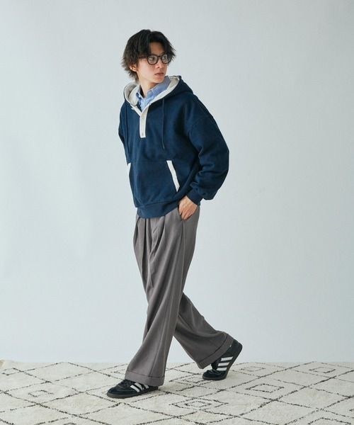 Adoon plain パーカー ヘンリーネックバイカラーフーディー メンズ