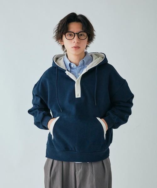 Adoon plain パーカー ヘンリーネックバイカラーフーディー メンズ