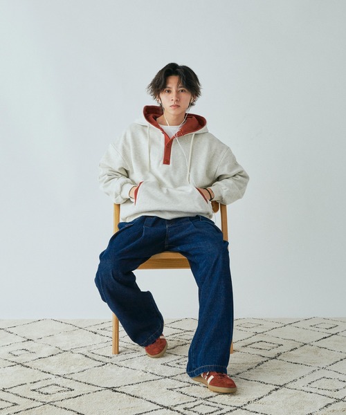 バイカラー ヘンリーネック パーカー Adoon plain パーカー ヘンリーネックバイカラーフーディー メンズ