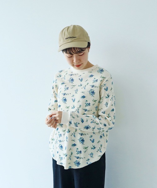 PAR ICI tシャツ コーマワッフル 長袖クルーネック小花柄