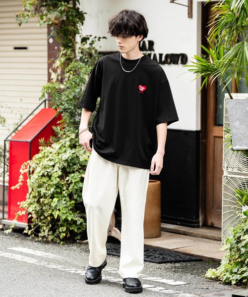 オープンカラー　半袖シャツ　ワンポイント　ハート刺繍　アメカジ　オーバーサイズ ワンフォークロージング 1111clothing ◇Laufer ムラ染め