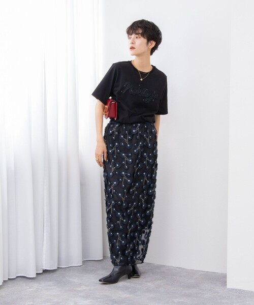 ビーズ装飾 黒 半袖Tシャツ　NOLLY'S NOLLEY'S tシャツ Tシャツ ノーリーズ刺繍Tシャツ レディース