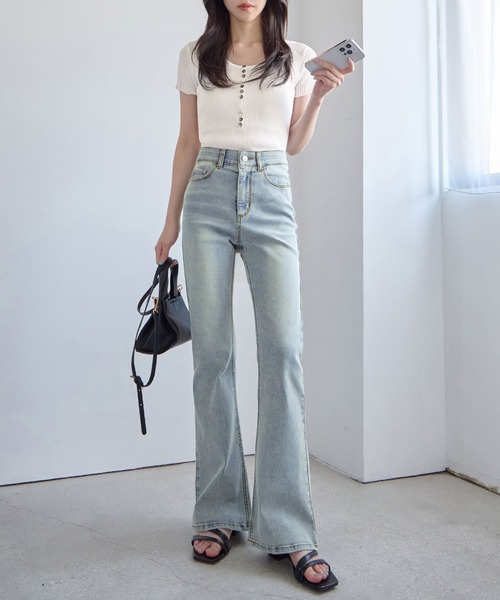 ジーンズ デニム デニムパンツ 「選べる2丈」ストレッチセミフレア