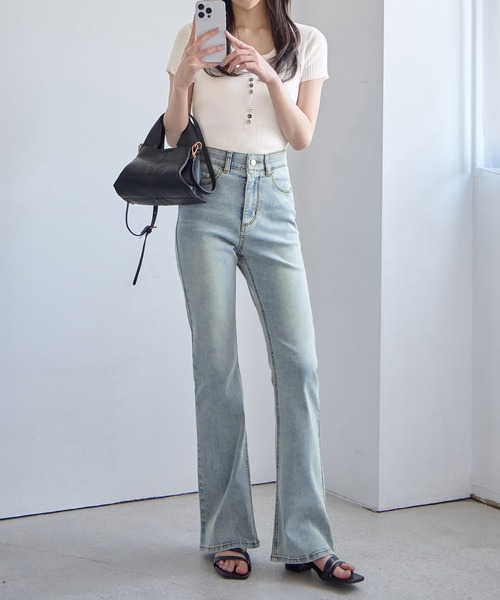 ジーンズ デニム デニムパンツ 「選べる2丈」ストレッチセミフレア