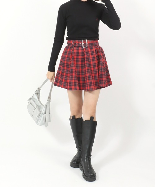 スカート タータンチェック柄ベルト付ミニスカート レディース/イン