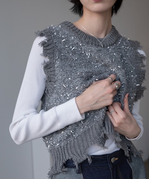 ベスト ジレ ラメニット ベスト レディース She's Closet ベスト ジレ オーバーサイズ深Vネックロング丈