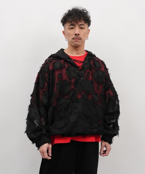 【新品】UNDERCOVER ジャガード大判フリンジストール　コウモリ柄　赤×黒 UNDERCOVER - 【新品】UNDERCOVER ジャガード大判フリンジストール