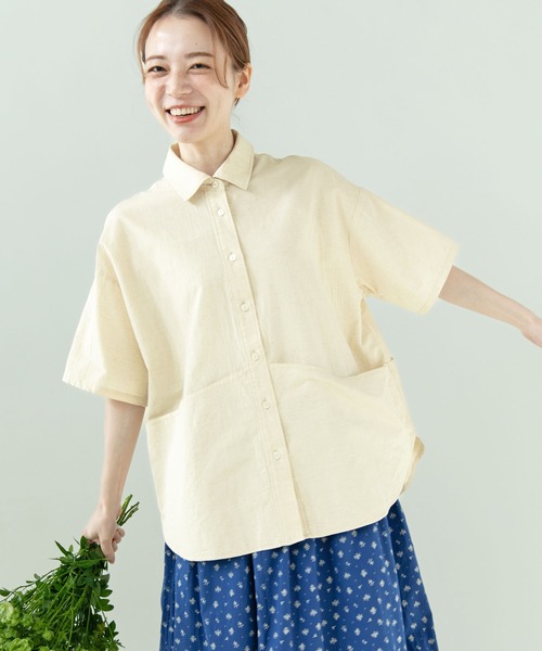 ブラウス シャツ コットンリネン 半袖ガーデンシャツ レディース