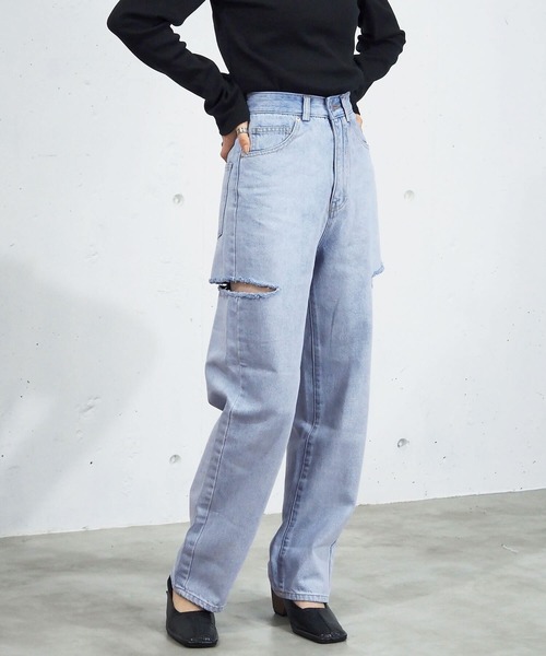 [tiptop] повреждение обработка Denim брюки M sax голубой женский 