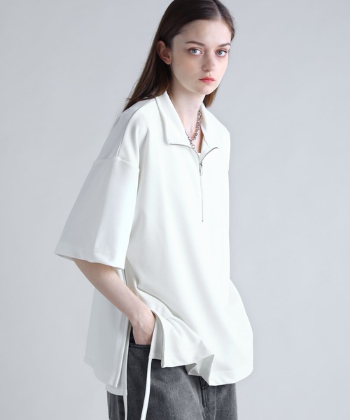 【大きいサイズあり】カットソー/サイドZIPデザイン SOCCE tシャツ カットジョーゼットサイドジップハーフジップ