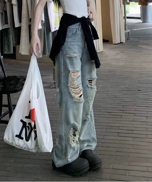 デニム パンツ ダメージ加工 迷彩 ジーンズ ストリート ルーズ 6 FINEnough ジーンズ デニム デニムパンツ ダメージ加工ワイド