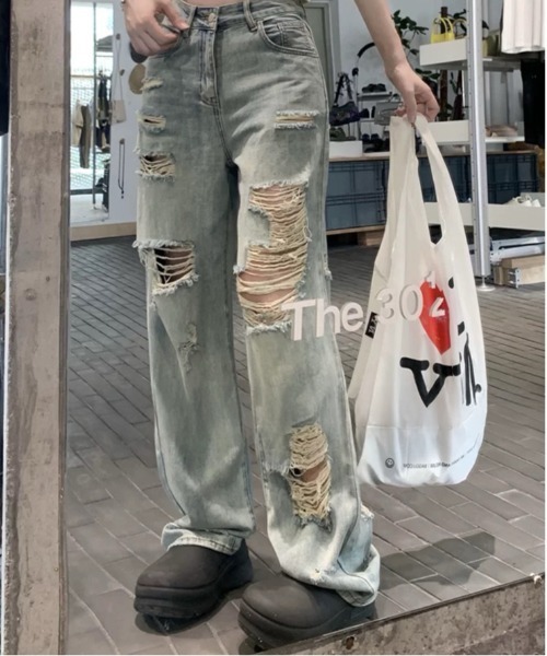パンツ デニム ワイド ダメージ加工 ユニセックス 韓国 M~XL パンツ デニム ワイド ダメージ加工 ユニセックス 韓国 M~XL