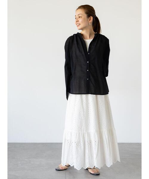 Gauze#◆長袖ブラウス/FREE/コットン/BLK/無地 綿サテンガーゼ 袖タック長袖ブラウス（シャツ/ブラウス