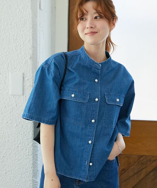 ブラウス シャツ 「暑い夏場にも対応」スタンドネックパールボタンハーフスリーブシャツ レディース