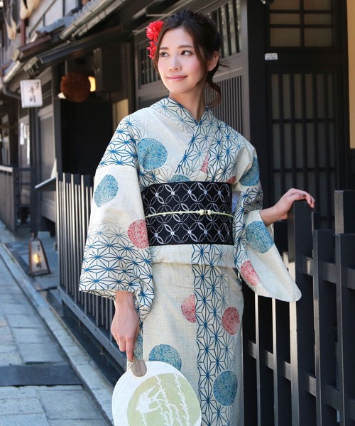 浴衣 綿麻浴衣3点セット「生成り地に麻の葉と鞠」 レディース_2