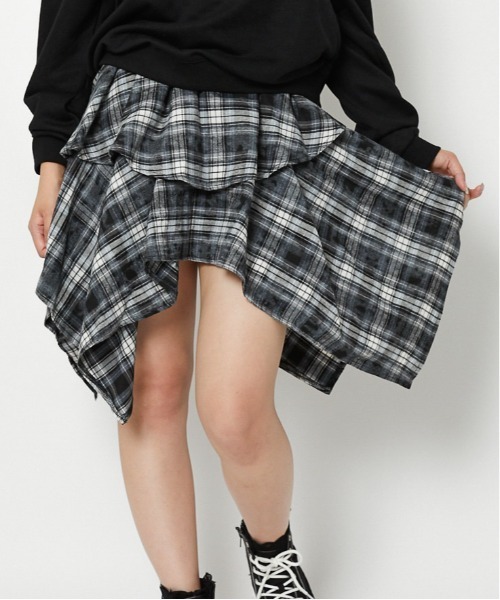 スカート 「イレヘムフレア×ダメージ風チェック」レディース ミニスカート 個性派 春夏秋冬 | ブランド登録なし | 01