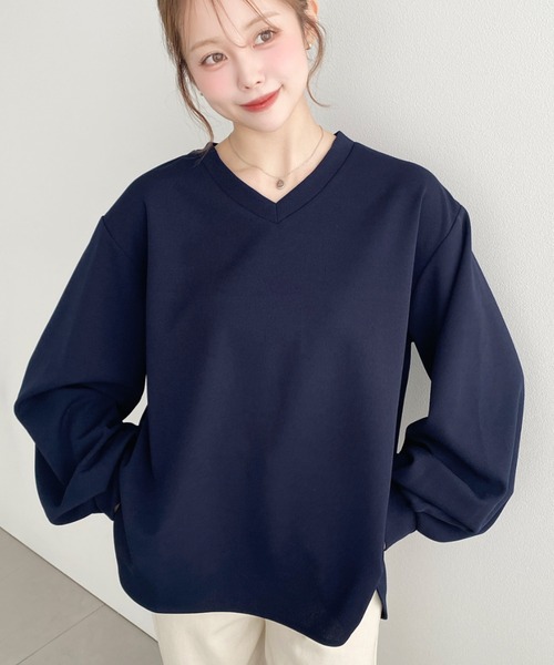 moment+ tシャツ しわになりにくい長袖ストレッチジョーゼットVネックT