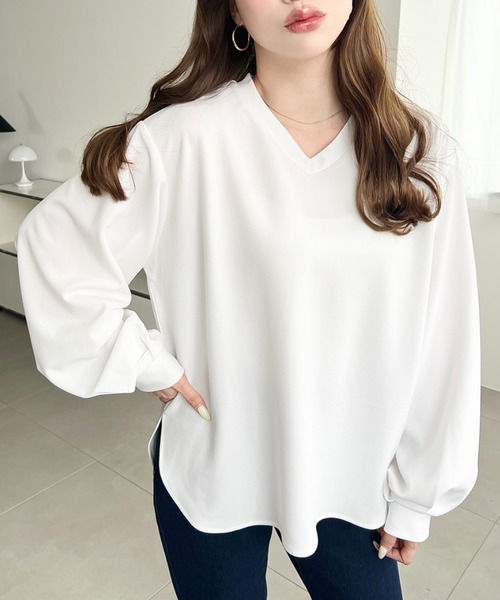 moment+ tシャツ しわになりにくい長袖ストレッチジョーゼットVネックT