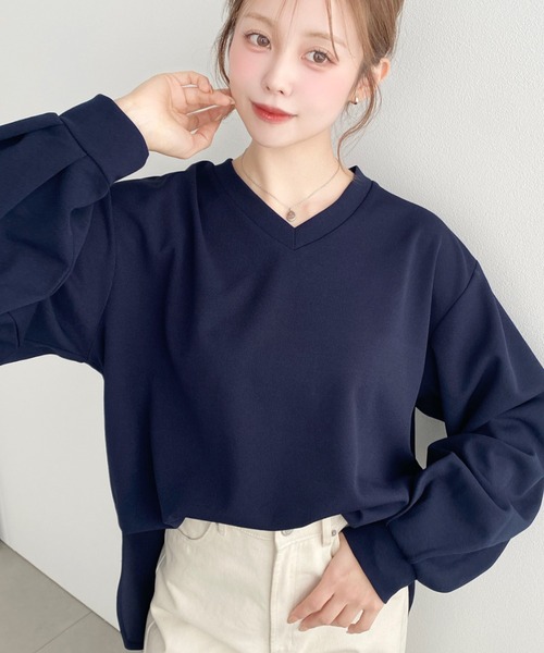 moment+ tシャツ しわになりにくい長袖ストレッチジョーゼットVネックT