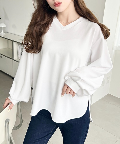 moment+ tシャツ しわになりにくい長袖ストレッチジョーゼットVネックT