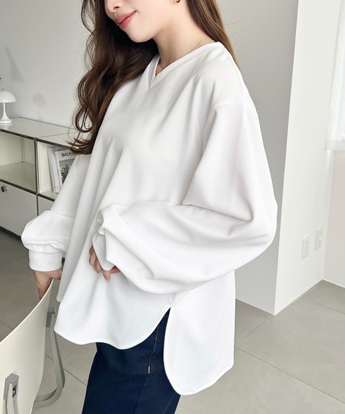 moment+ tシャツ しわになりにくい長袖ストレッチジョーゼットVネックT