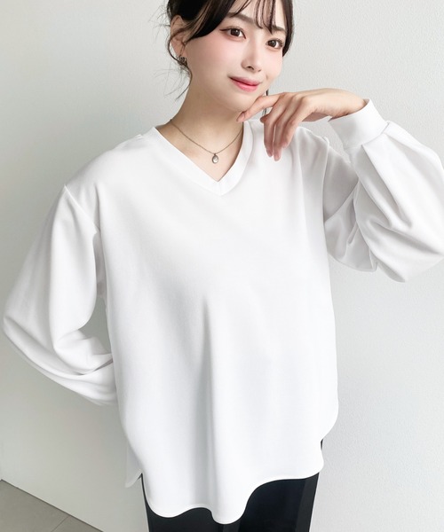 moment+ tシャツ しわになりにくい長袖ストレッチジョーゼットVネックT