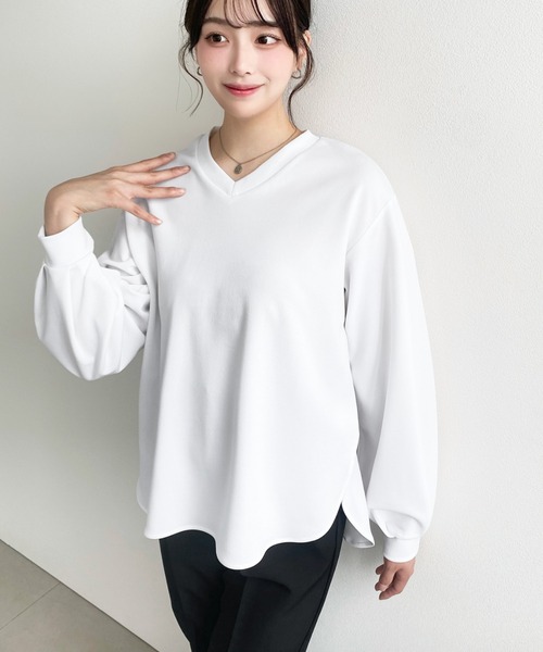 moment+ tシャツ しわになりにくい長袖ストレッチジョーゼットVネックT