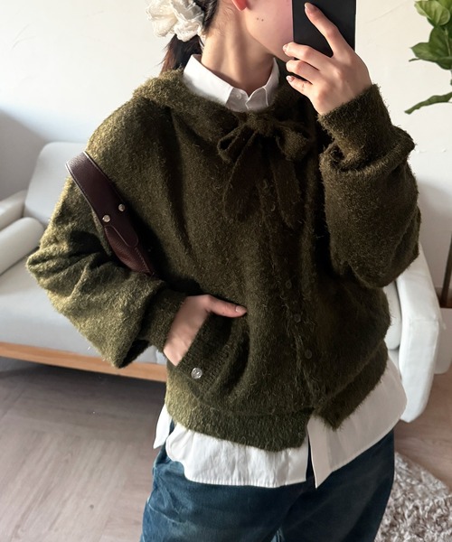 MUHET（ミュエータ） カーディガン shaggy hooded ribbon knit