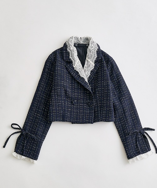 OLIVE des OLIVE レース衿ゆるたぽテーラードジャケット　ネイビー レース衿ゆるたぽテーラードジャケット ネイビー OLIVE des OLIVE