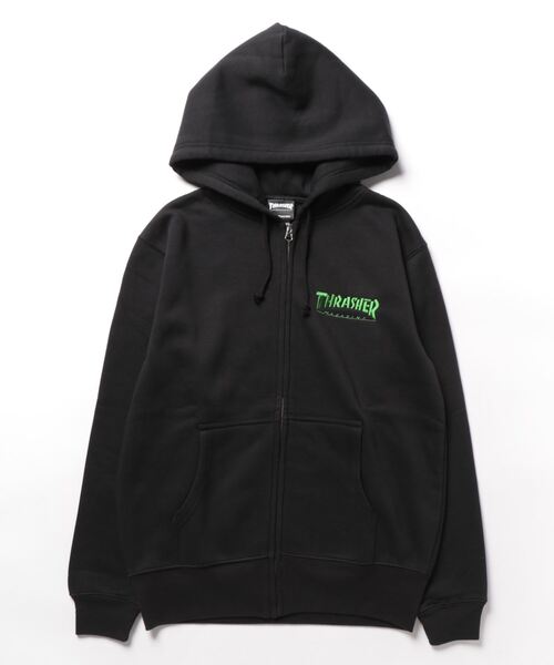 「THRASHER」 ジップアップパーカー X-LARGE ブラック×グリーン メンズ_画像4