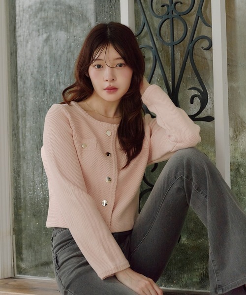 fupel ジャケット ノーカラージャケット gold button knit jacket
