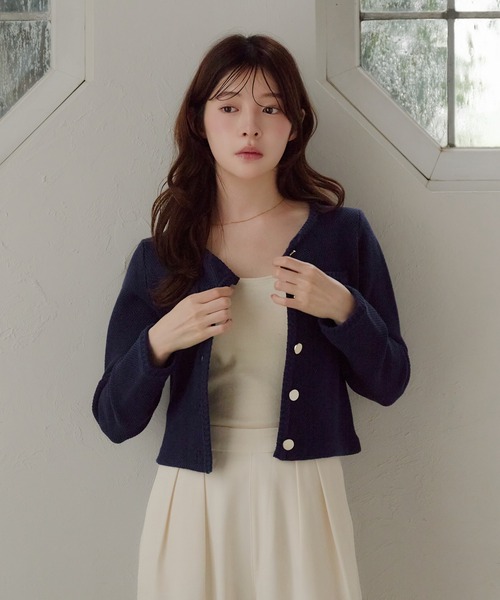 fupel ジャケット ノーカラージャケット gold button knit jacket