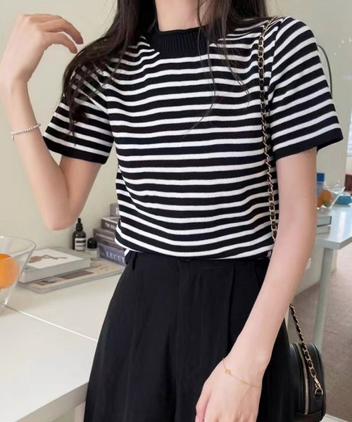 Dewlily ニット セーター ボーダー半袖ニットソー レディース