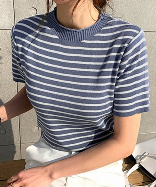 Dewlily ニット セーター ボーダー半袖ニットソー レディース
