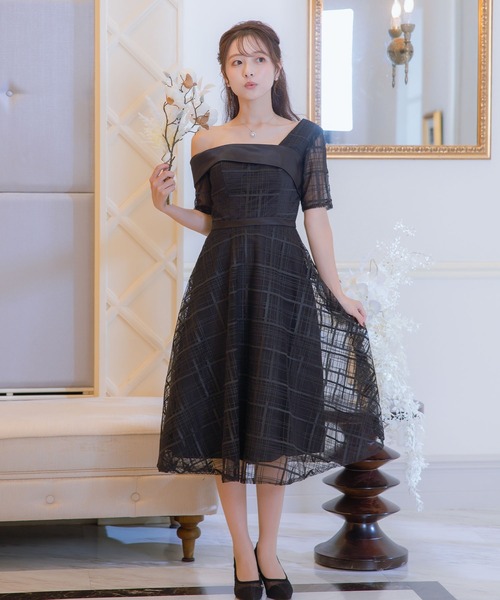 美品 soir dolce カバーアップ付きドレスワンピース Retica ワンピース シアーチェックサテン切替 フレア ミモレ丈