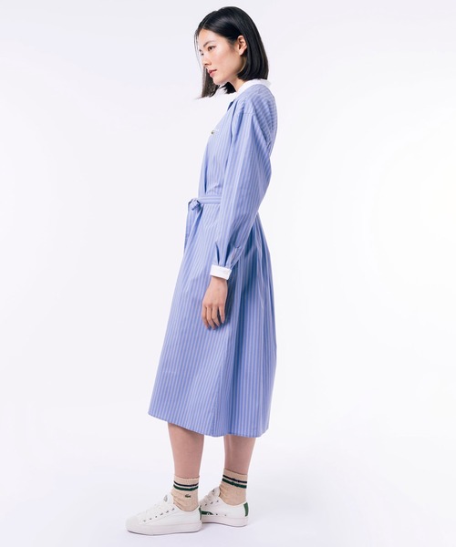 LACOSTE シャツワンピース ストライプ マキシ丈 バンドカラー
