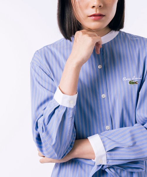 LACOSTE バンドカラー ワンピース 36 LACOSTE シャツワンピース ストライプ マキシ丈 バンドカラー