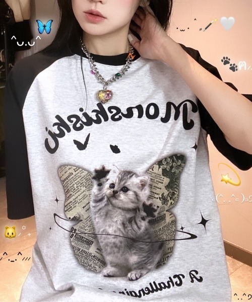 DEVICE（デバイス） tシャツ 猫ミーム キャット 韓国 古着風 Y2K