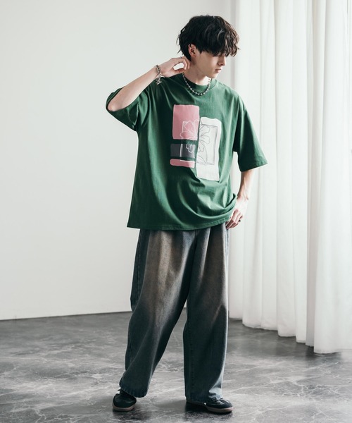 ブラウン アートプリント オーバーサイズTシャツ　古着っぽい　Tシャツ　男女 RAGEBLUE｜アソートアートプリント/オーバーサイズTシャツ