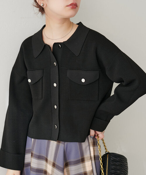 natural couture アウター 片畦衿付きニットジャケット レディース 
